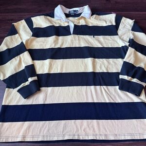 VINTAGE Polo Ralph Lauren Men’s Shirt Striped Rugby Long Sleeved XXL Navy/Yellow